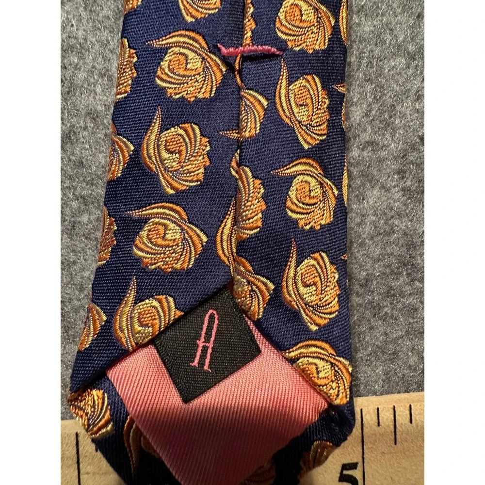 Garrick Anderson Mens Silk Tie Navy Blue Gold Floral Medallion Made in England
